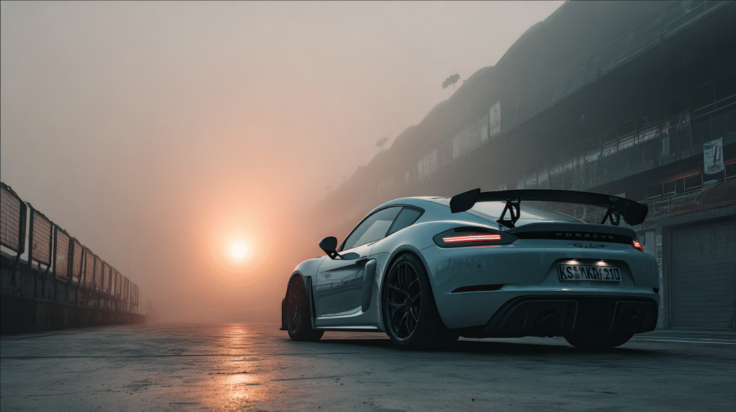 A Porsche Cayman GT4 RS parked on a foggy racetrack at sunrise, showcasing its aggressive rear wing, aerodynamic design, and track-ready stance. The soft orange glow of the sun breaks through the mist, casting reflections on the wet pavement. Designed by VeloxTrend LLC.