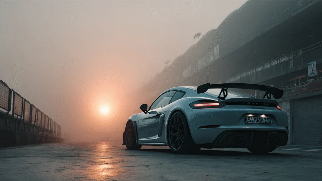 A Porsche Cayman GT4 RS parked on a foggy racetrack at sunrise, showcasing its aggressive rear wing, aerodynamic design, and track-ready stance. The soft orange glow of the sun breaks through the mist, casting reflections on the wet pavement. Designed by VeloxTrend LLC.