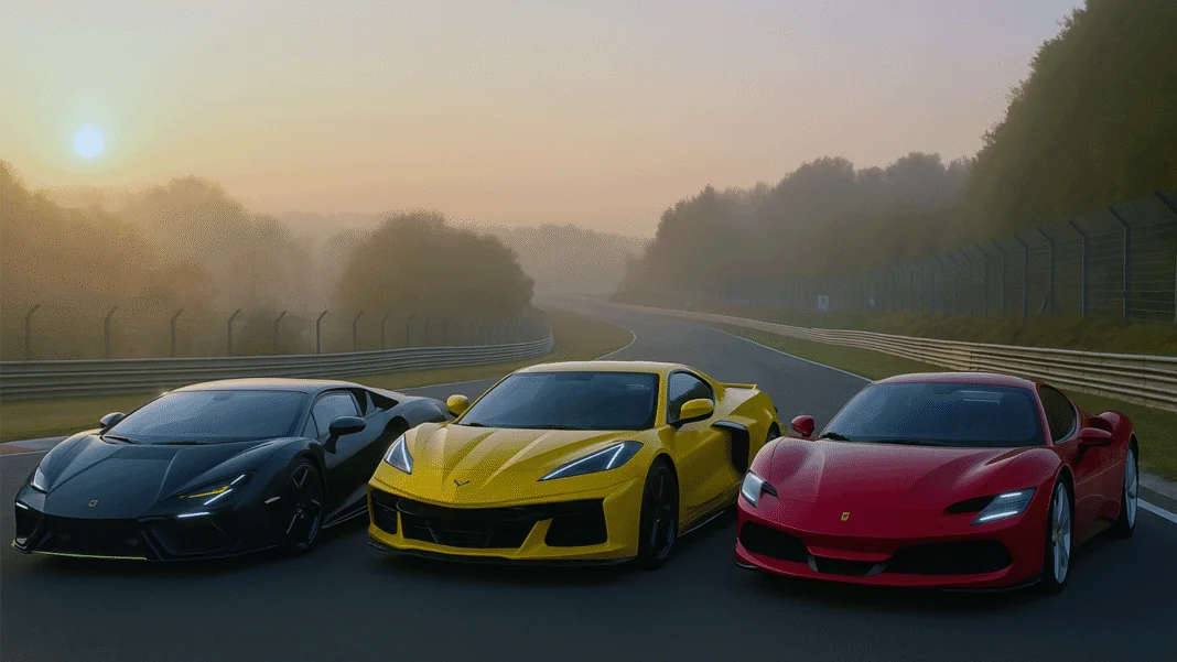 A high-resolution photograph shows three high-performance sports cars lined up at the Nürburgring Nordschleife in the early morning. From left to right, the matte black Lamborghini Revuelto, bright yellow 2025 Chevrolet Corvette ZR1, and red Ferrari SF90 sit on the track under a lightly clouded blue sky, with scenic hills and barriers in the background. The image captures the realism of a pre-race moment with accurate lighting, shadows, and car reflections.