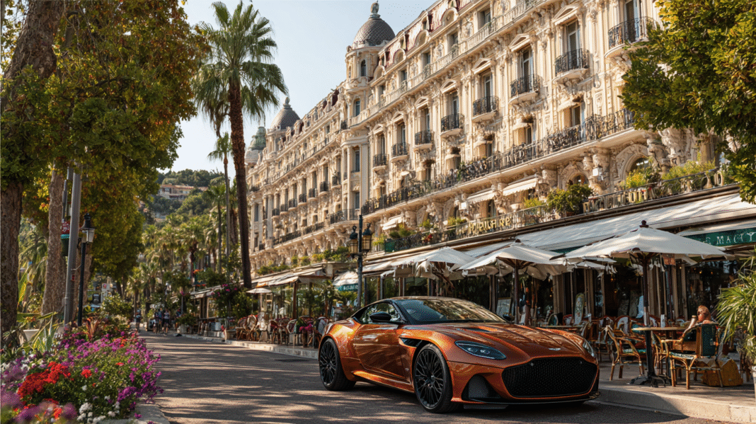 A stunning Aston Martin DB12 finished in a rich bronze color is parked along a palm-lined street in Cannes, France, in front of the historic Hôtel Barrière Le Majestic. The elegant architecture and lively outdoor cafés capture the essence of Riviera luxury, while the sleek grand tourer from VeloxTrend LLC adds a bold touch of modern automotive excellence.