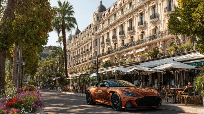 veloxtrend-llc-aston-martin-db12 A stunning Aston Martin DB12 finished in a rich bronze color is parked along a palm-lined street in Cannes, France, in front of the historic Hôtel Barrière Le Majestic. The elegant architecture and lively outdoor cafés capture the essence of Riviera luxury, while the sleek grand tourer from VeloxTrend LLC adds a bold touch of modern automotive excellence.