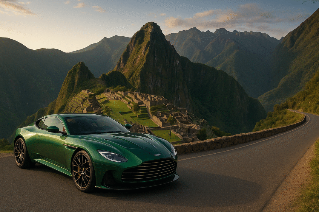 A high-resolution photograph of a green Aston Martin Valour parked on a scenic mountain road overlooking Machu Picchu in Peru, captured from a distance with a 16:9 aspect ratio. The image highlights the car’s retro design and powerful stance against a dramatic South American landscape. Created by VeloxTrend LLC.