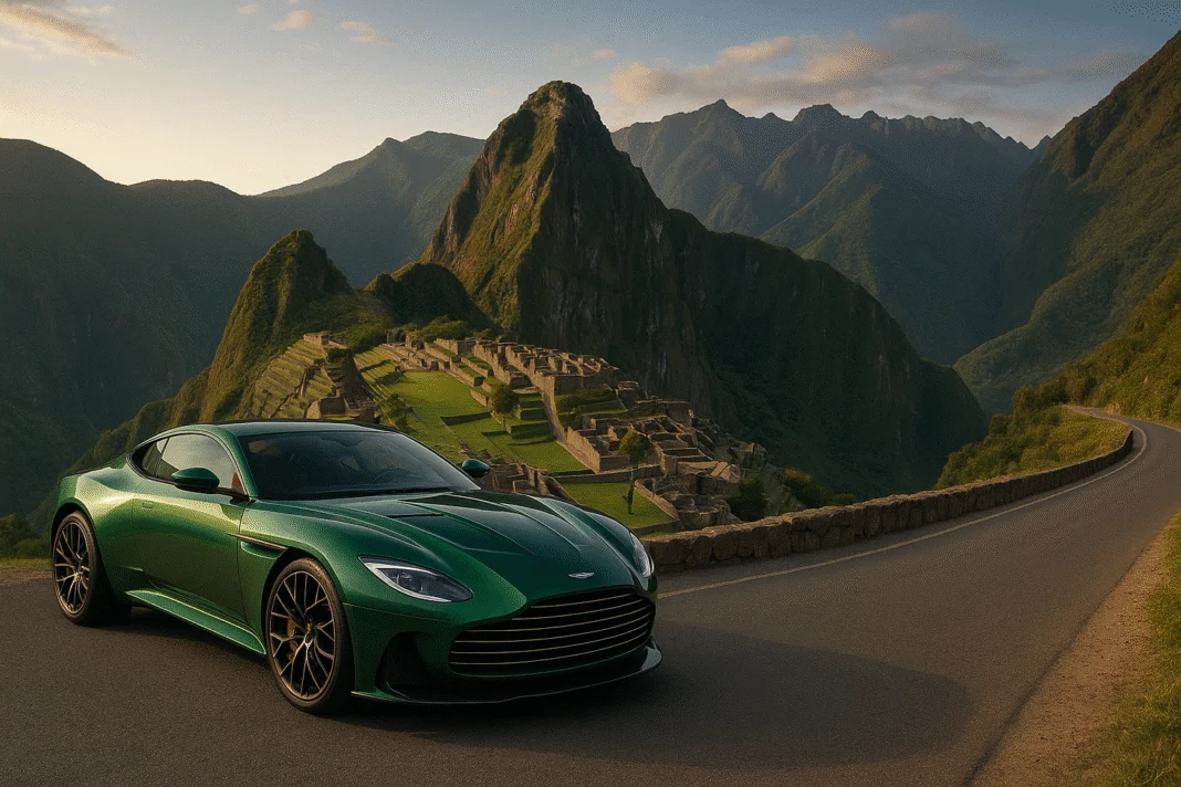 A high-resolution photograph of a green Aston Martin Valour parked on a scenic mountain road overlooking Machu Picchu in Peru, captured from a distance with a 16:9 aspect ratio. The image highlights the car’s retro design and powerful stance against a dramatic South American landscape. Created by VeloxTrend LLC.