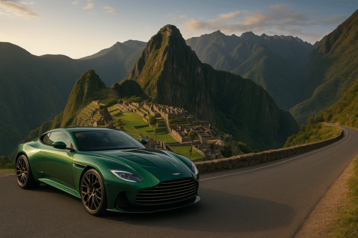 A high-resolution photograph of a green Aston Martin Valour parked on a scenic mountain road overlooking Machu Picchu in Peru, captured from a distance with a 16:9 aspect ratio. The image highlights the car’s retro design and powerful stance against a dramatic South American landscape. Created by VeloxTrend LLC.