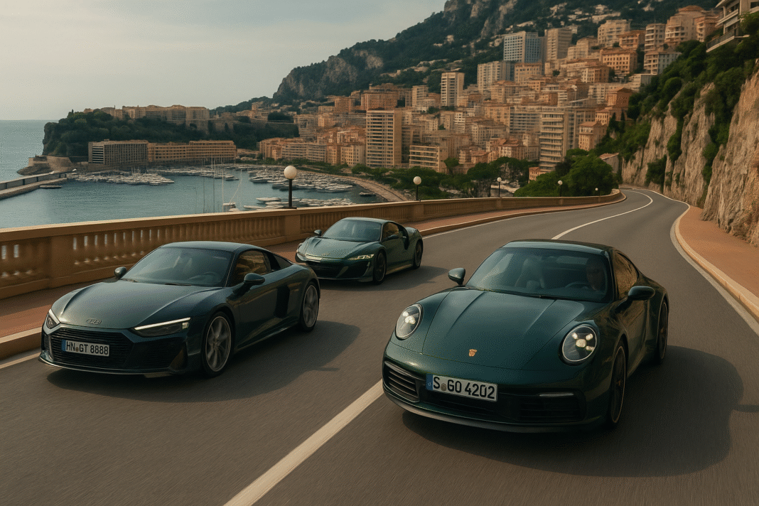 A high-resolution photograph captures three high-performance exotic cars—a Porsche 911 GTS, an Acura NSX Type S, and an Audi R8 GT—parked on a winding coastal road in Monaco, with the Mediterranean Sea and hillside villas in the background. Each car features sophisticated old-money color schemes and realistic lighting details. Designed by VeloxTrend LLC.