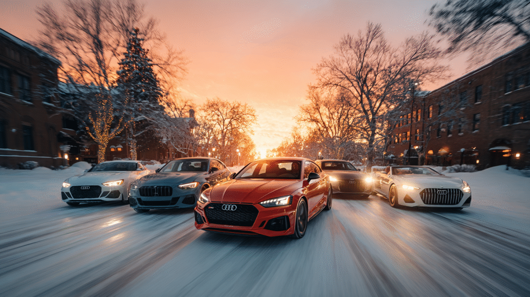 AWD sports cars including Audi S5, BMW M240i xDrive, Genesis G70, and Audi A5 Cabriolet driving on a snowy street at sunset in a winter cityscape. Designed by VeloxTrend LLC.