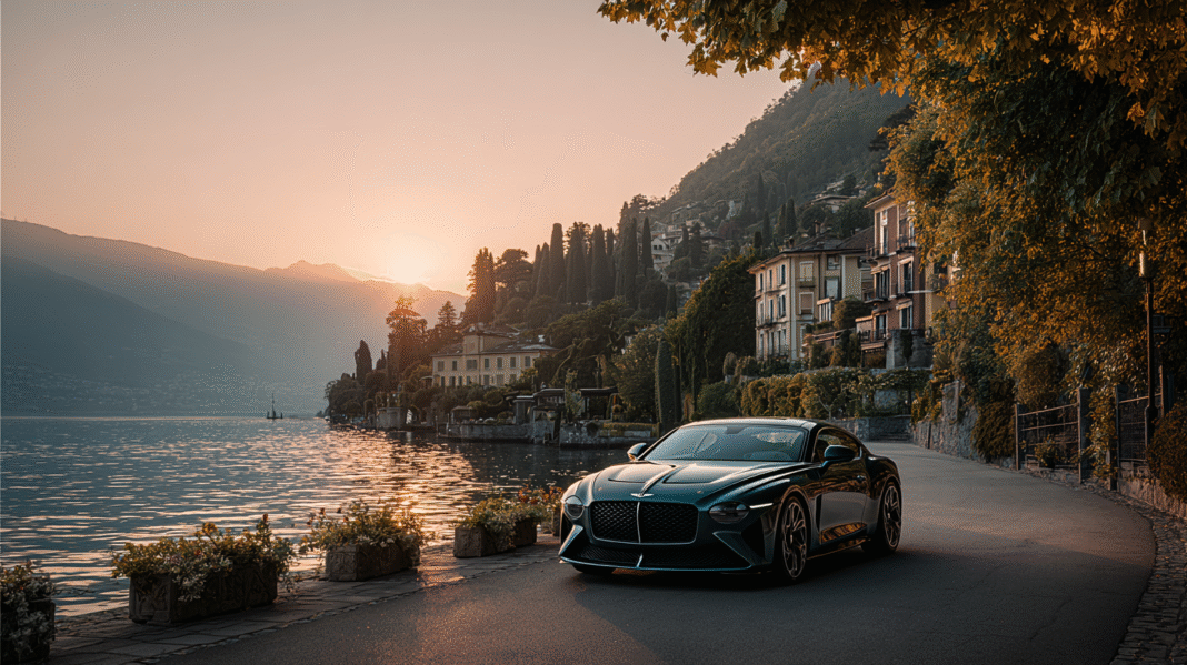 A deep green Bentley Batur parked along the shores of Lake Geneva at sunset, with historic villas and cypress-covered hills in the background. The golden light reflects off the water, enhancing the car’s bespoke luxury. Captured for VeloxTrend LLC, this image blends timeless elegance with grand touring performance.
