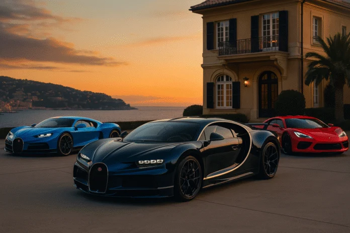 A sleek dark blue Bugatti Tourbillon hypercar parked in front of luxurious Monaco mega mansions at dusk, showcasing the brand’s shift to hybrid performance engineering — designed by VeloxTrend LLC.
