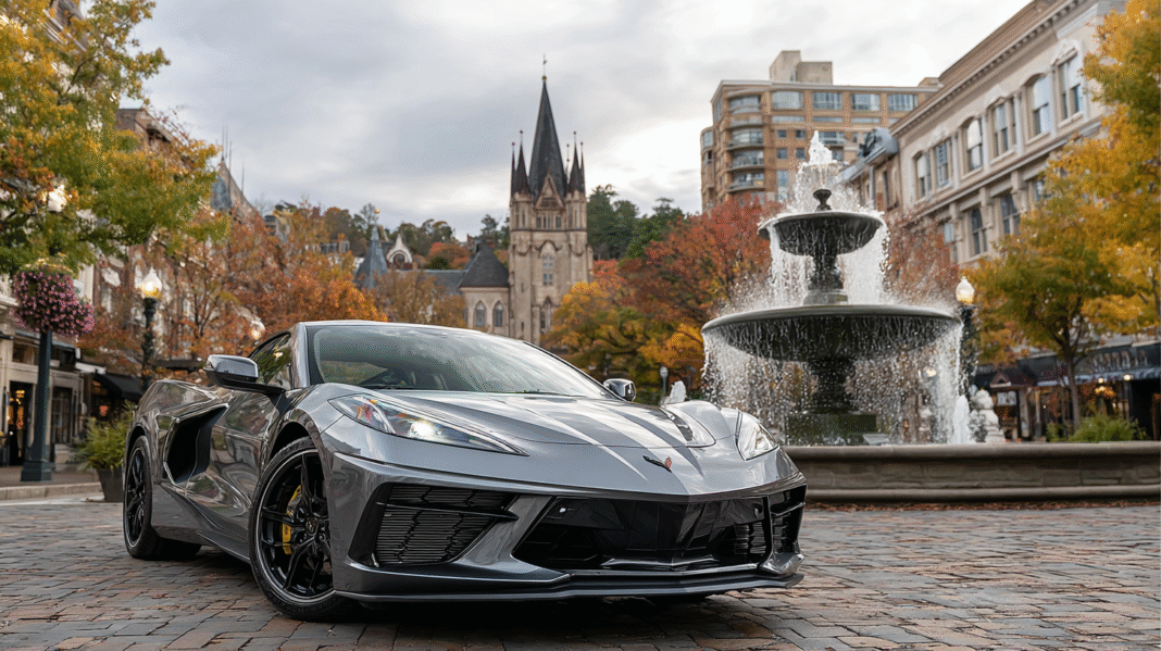 A silver Chevrolet Corvette E-Ray featured by VeloxTrend LLC parked on the cobblestone streets of downtown Asheville, North Carolina. The scene includes a grand tiered fountain, fall foliage, and historic architecture including a cathedral-style church, creating a dynamic contrast with the modern hybrid performance car. This VeloxTrend visual captures the essence of American engineering set against a timeless urban backdrop.