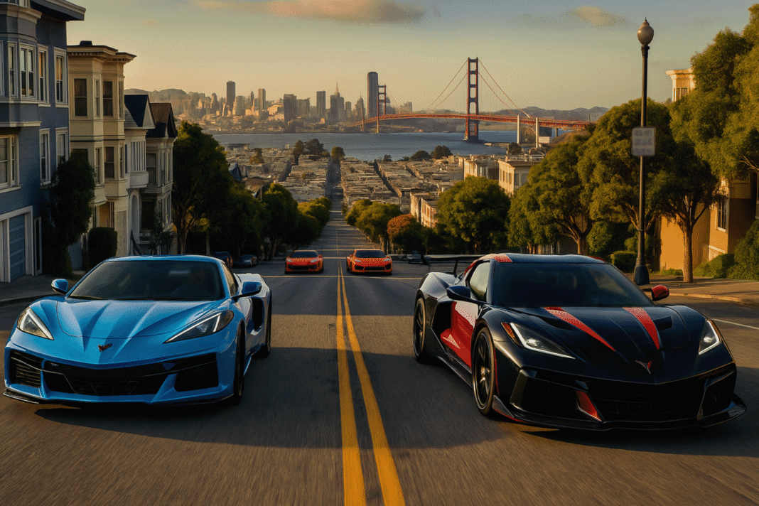 Four Chevrolet Corvette models — a Rapid Blue C8, a black ZR1X with front hood vents, a Torch Red Z06, and an Orange E-Ray — driving on a scenic San Francisco road with two leading and two trailing behind. Designed by VeloxTrend LLC.