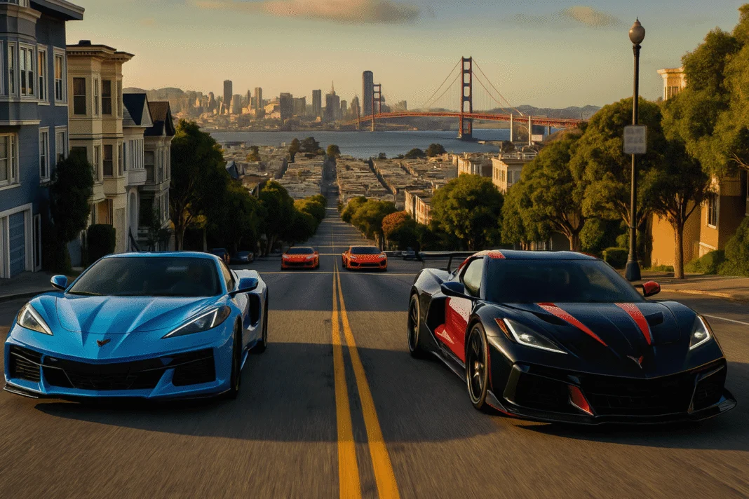 Four Chevrolet Corvette models — a Rapid Blue C8, a black ZR1X with front hood vents, a Torch Red Z06, and an Orange E-Ray — driving on a scenic San Francisco road with two leading and two trailing behind. Designed by VeloxTrend LLC.