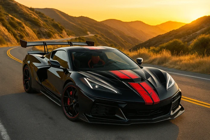veloxtrend-llc-corvette-zr1x A high-resolution image of a black Corvette ZR1X with bold red racing stripes, parked on a winding California mountain road during golden hour. The car features aggressive carbon-fiber aero, sculpted hood vents, a large rear wing, and red-accented wheels. The lighting highlights the detailed hood design and wide stance. Captured for VeloxTrend, the photo showcases the hypercar’s striking design against a scenic backdrop of sunlit hills and curves.