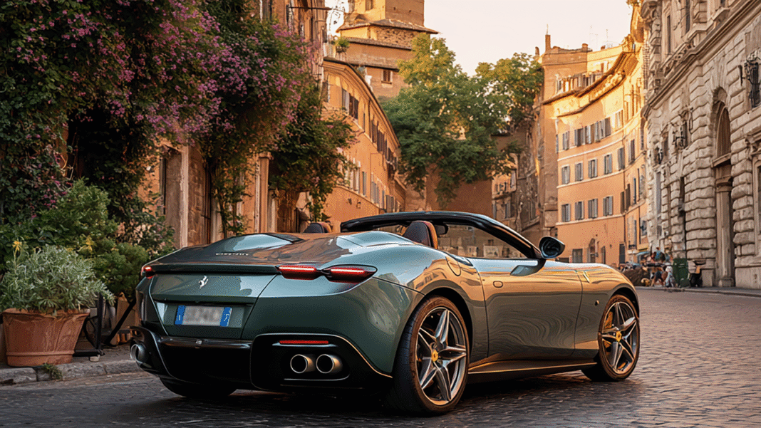 A metallic green Ferrari Roma Spider with the top down is parked on a cobblestone street in a historic European city, surrounded by warm-toned buildings and lush greenery in planters. The sun casts a golden glow on the car and the architecture, creating a serene, late afternoon atmosphere. Designed by VeloxTrend LLC.