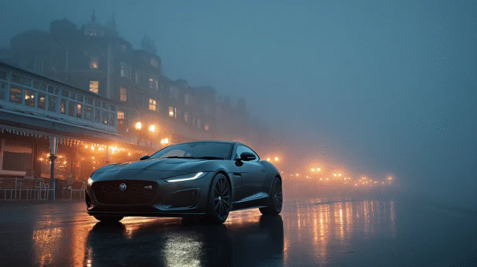 veloxtrend-llc-jaguar-f-type-r75 A sleek Brighton Blue Jaguar F-Type R75 is parked along a foggy, lamp-lit coastal road in Brighton, England at dusk. The reflections of the car and streetlights shimmer on the wet pavement, with historic seaside architecture visible in the misty background.