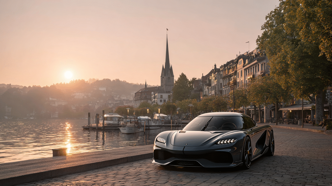 A sleek Koenigsegg Gemera parked at sunrise along the waterfront promenade in Lucerne, Switzerland, with historic buildings and a church steeple in the background. Captured for VeloxTrend LLC, showcasing the elegance and performance of the four-seater hypercar in a serene European setting.