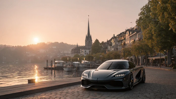 veloxtrend-llc-koenigsegg-gemera A sleek Koenigsegg Gemera parked at sunrise along the waterfront promenade in Lucerne, Switzerland, with historic buildings and a church steeple in the background. Captured for VeloxTrend LLC, showcasing the elegance and performance of the four-seater hypercar in a serene European setting.
