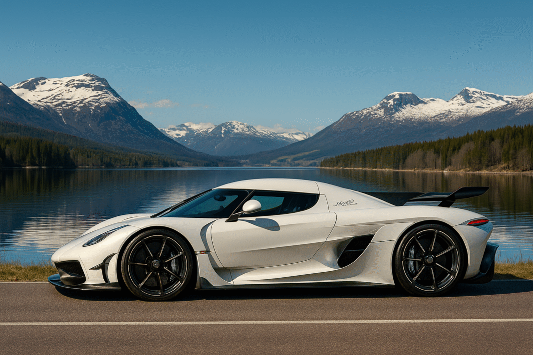 A high-resolution side view of the Koenigsegg Jesko Absolut captured on a scenic Swedish road, highlighting its aerodynamic design and matte finish. VeloxTrend LLC.