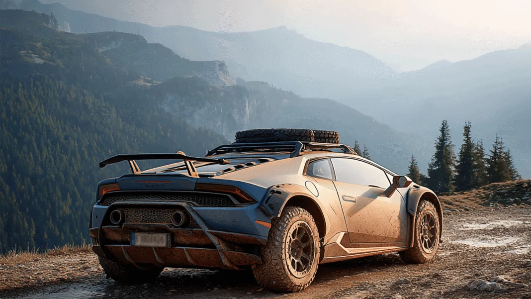 A Lamborghini Huracán Sterrato, covered in dirt and equipped with off-road tires, a roof rack, and a spare tire, is parked on a rugged mountain trail overlooking a vast forested valley at sunset. The scene captures the car’s off-road capability and adventurous design against a backdrop of alpine peaks and dramatic lighting.