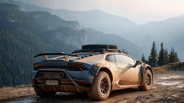 A Lamborghini Huracán Sterrato, covered in dirt and equipped with off-road tires, a roof rack, and a spare tire, is parked on a rugged mountain trail overlooking a vast forested valley at sunset. The scene captures the car’s off-road capability and adventurous design against a backdrop of alpine peaks and dramatic lighting.