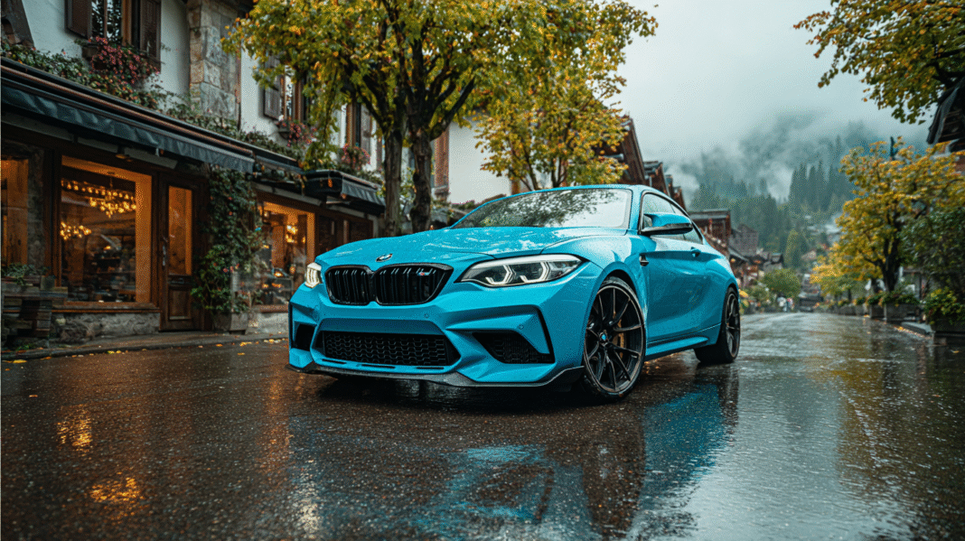 Front-side view of a bright blue BMW M2 parked on a wet cobblestone street in a European alpine village in Munich, with warm shop lights and autumn trees reflecting on the rain-soaked pavement. Misty mountains rise in the background, adding to the moody atmosphere. Designed by VeloxTrend LLC.