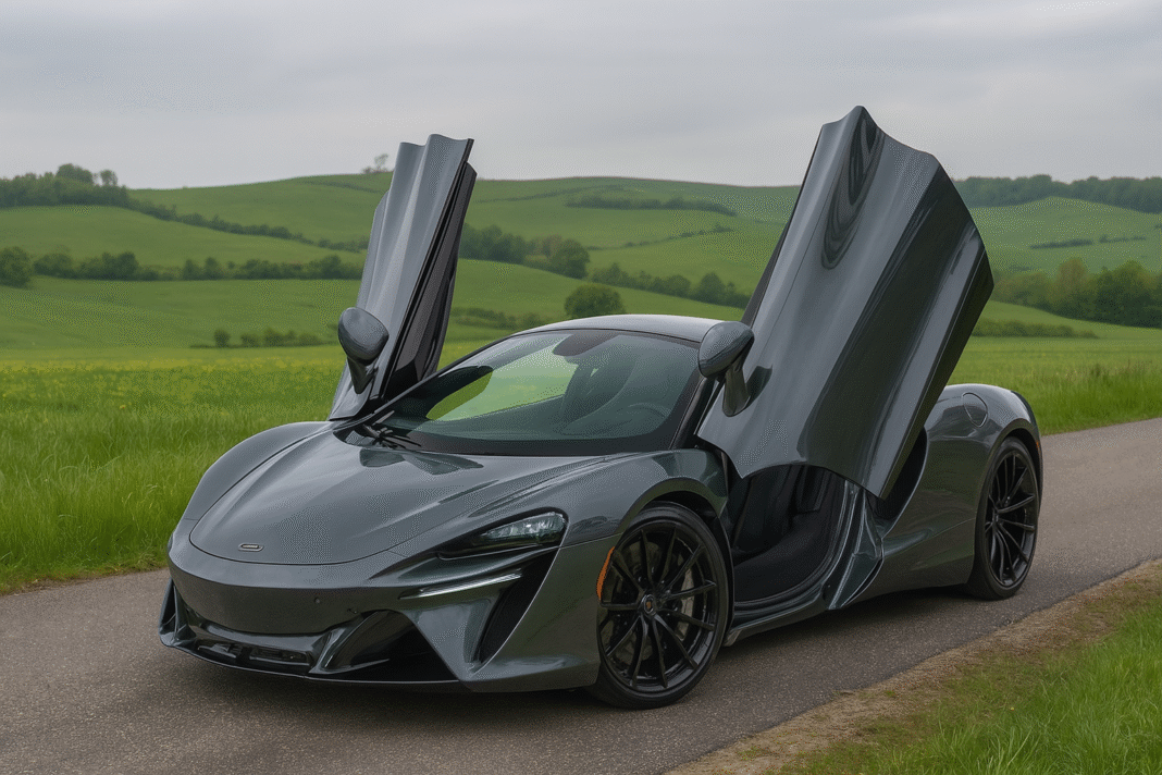 A high-resolution photograph of a McLaren Artura in a sleek gray finish, captured in vivid detail while parked on a scenic countryside road in France. The background features green rolling pastures and distant hills under a clear sky, emphasizing the Artura’s aerodynamic design and dihedral doors. Designed by VeloxTrend LLC.