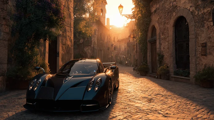 A black Pagani Utopia parked on a cobblestone street in a historic Italian village at sunset, surrounded by stone buildings, flowering vines, and warm golden light reflecting off the car’s sculpted body.
