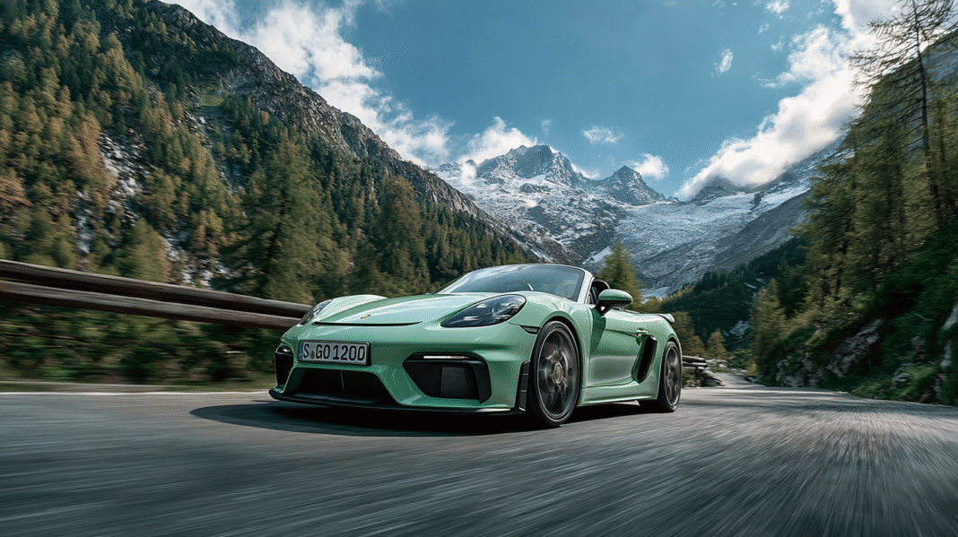 A mint green Porsche 718 Spyder RS drives through the scenic Stelvio Pass near Bormio, Italy, surrounded by the towering peaks and lush pine forests of the Italian Alps. Captured by VeloxTrend LLC.