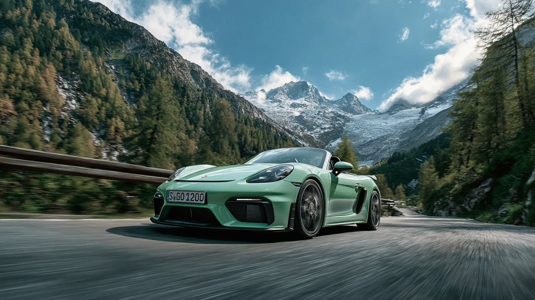 A mint green Porsche 718 Spyder RS drives through the scenic Stelvio Pass near Bormio, Italy, surrounded by the towering peaks and lush pine forests of the Italian Alps. Captured by VeloxTrend LLC.