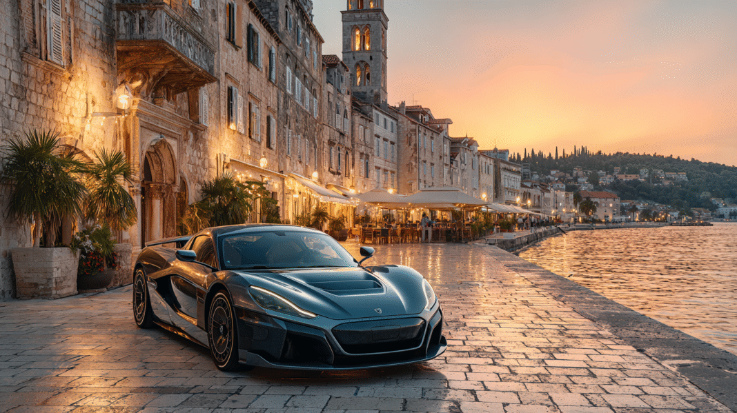 A Rimac Nevera hypercar parked along the lakefront promenade at sunrise in Lucerne, Switzerland. The electric vehicle’s sleek design reflects the morning light, surrounded by historic architecture and calm waters. Captured for VeloxTrend LLC, showcasing luxury performance in a serene European setting.