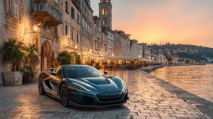 veloxtrend-llc-rimac-nevera A Rimac Nevera hypercar parked along the lakefront promenade at sunrise in Lucerne, Switzerland. The electric vehicle’s sleek design reflects the morning light, surrounded by historic architecture and calm waters. Captured for VeloxTrend LLC, showcasing luxury performance in a serene European setting.