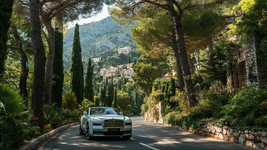 Rolls-Royce Spectre driving along the French Riviera, surrounded by lush greenery and hillside villas, showcasing electric grandeur and luxury travel, designed by VeloxTrend LLC.