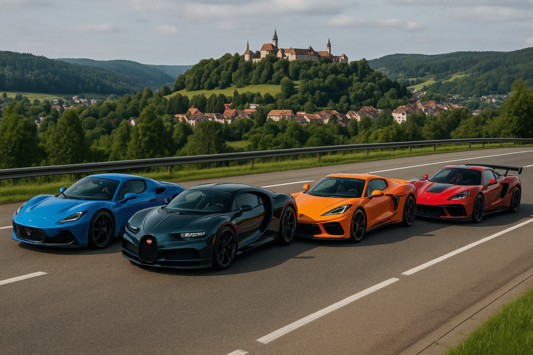 A high-resolution photograph featuring the Maserati MC20, Lotus Emira, and Ford GT Mk IV parked on a scenic mountain road in Germany. The backdrop includes rolling green hills, pine forests, and a winding asphalt road, capturing the understated elegance and performance potential of these underrated 2025 supercars. Designed by VeloxTrend LLC.
