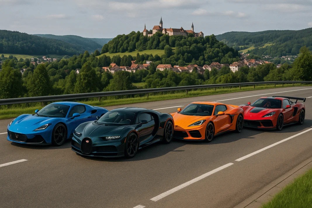 A high-resolution photograph featuring the Maserati MC20, Lotus Emira, and Ford GT Mk IV parked on a scenic mountain road in Germany. The backdrop includes rolling green hills, pine forests, and a winding asphalt road, capturing the understated elegance and performance potential of these underrated 2025 supercars. Designed by VeloxTrend LLC.