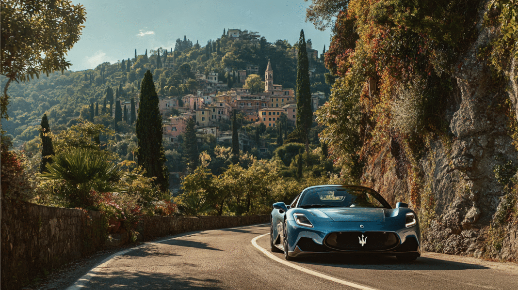 A vibrant blue Maserati MC20 Cielo convertible cruises through the scenic hills of Portofino, Italy, surrounded by lush greenery and pastel-colored villas, captured for VeloxTrend LLC’s automotive editorial content.