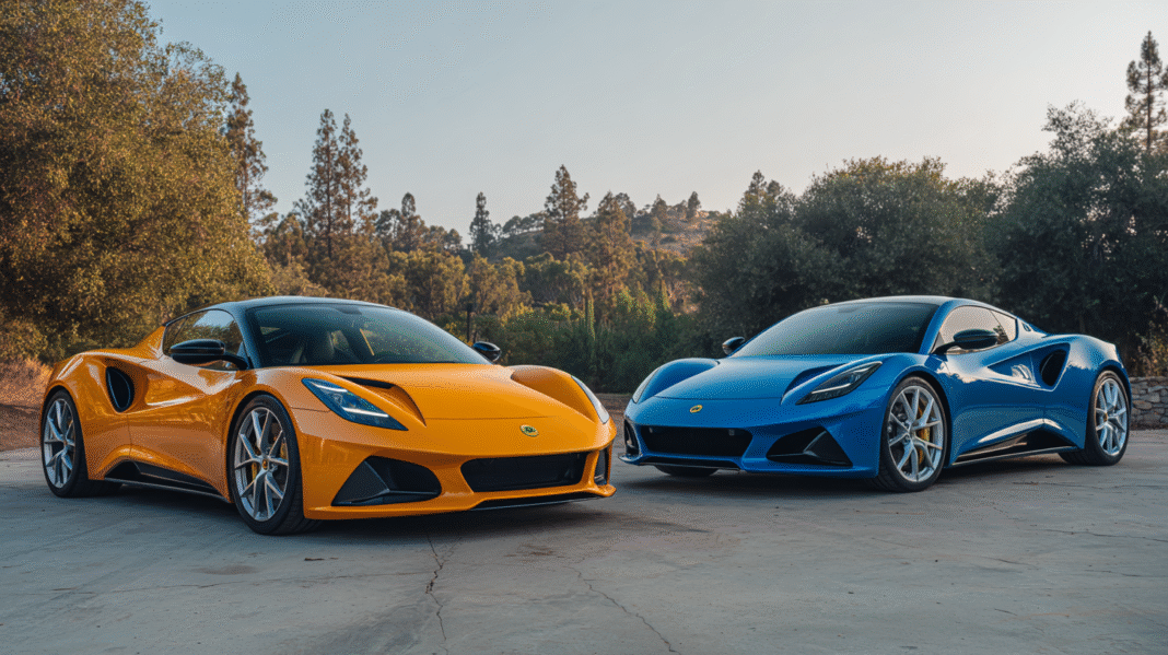 Two Lotus Emira sports cars, one yellow and one blue, parked side by side in an outdoor setting, showcasing their mid-engine design, aggressive headlights, and sculpted aerodynamic bodywork against a backdrop of trees and clear sky, created by VeloxTrend LLC.