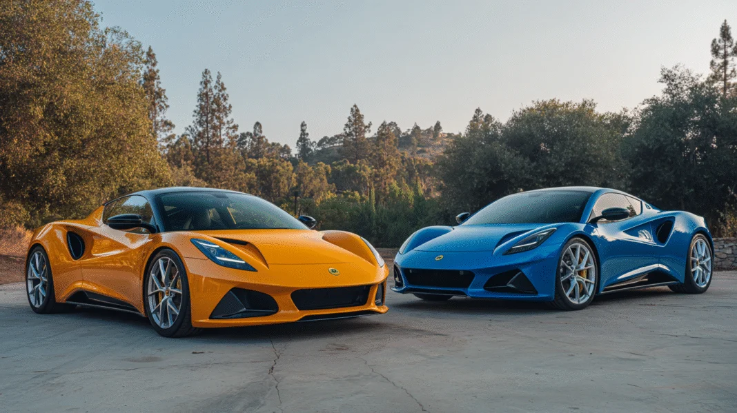Two Lotus Emira sports cars, one yellow and one blue, parked side by side in an outdoor setting, showcasing their mid-engine design, aggressive headlights, and sculpted aerodynamic bodywork against a backdrop of trees and clear sky, created by VeloxTrend LLC.