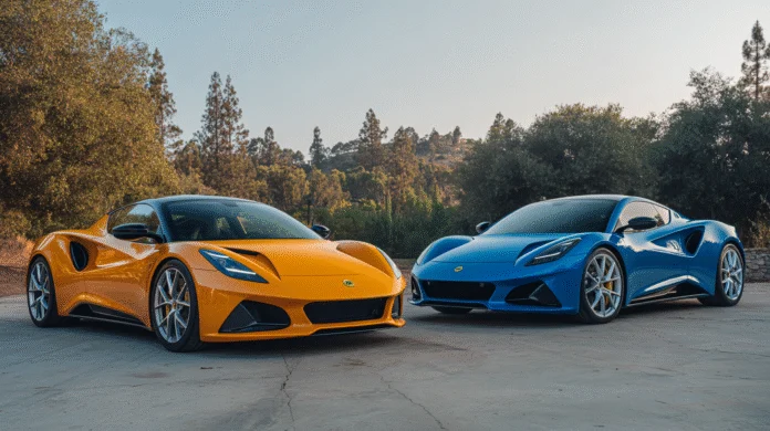Two Lotus Emira sports cars, one yellow and one blue, parked side by side in an outdoor setting, showcasing their mid-engine design, aggressive headlights, and sculpted aerodynamic bodywork against a backdrop of trees and clear sky, created by VeloxTrend LLC.