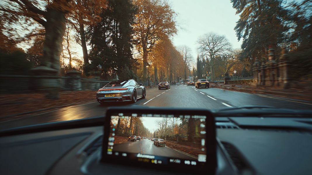 Best dashcams for sports cars. This image portrays a dashcam used in a Porsche 911, a legendary sports car